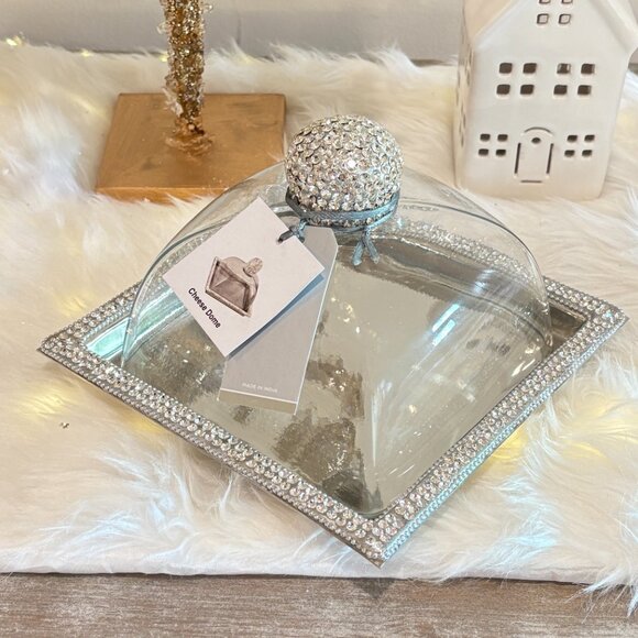 Rhinestone JEWELED Chrystals CAKE PASTRY KEEPER GLASS DOME Server Square - Picture 4 of 7
